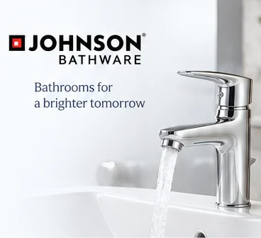 Johnson Bathware logo with a chrome tap running into a basin — Bathrooms for a brighter tomorrow