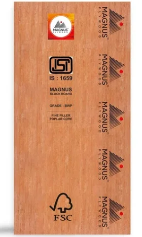 Magnus Plywood block board with ISI, FSC and Magnus branding